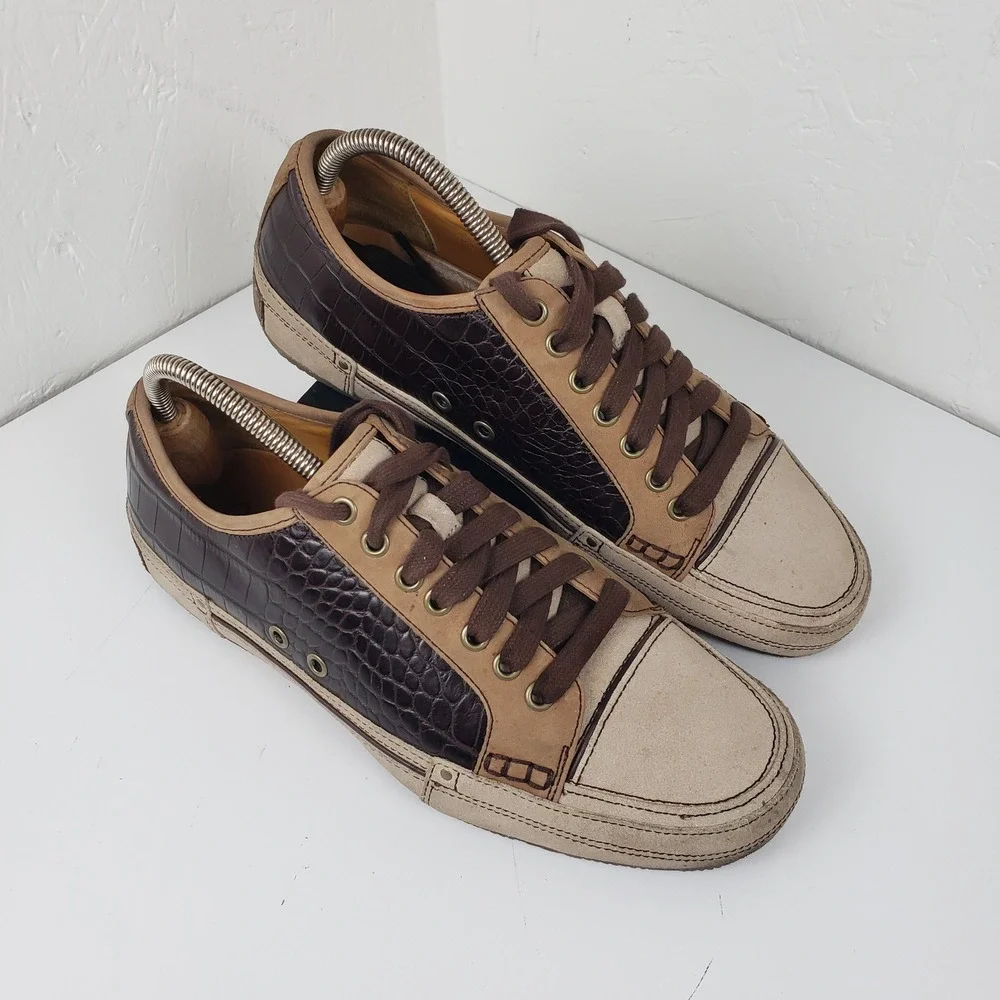 Cole Haan Men's 9 Brown Croc Embossed Leather‎ Suede Low Top Sneakers Shoes